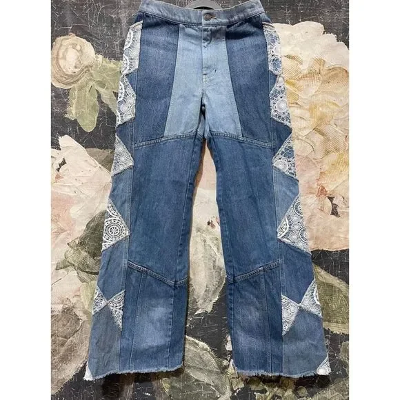 NEW Free People My Element Patcheork Wide Crochet Flare Leg Jeans Size 25 - Picture 6 of 6